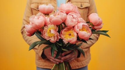 Bouquet of peonies in the hands of a man on a yellow background