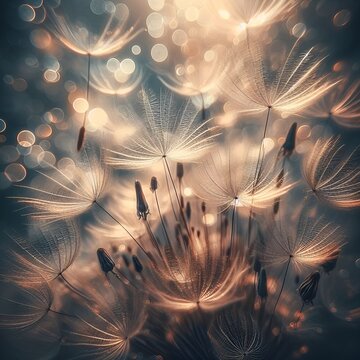 abstract background Abstract blurred nature background dandelion seeds parachute. Abstract nature bokeh pattern © Amara