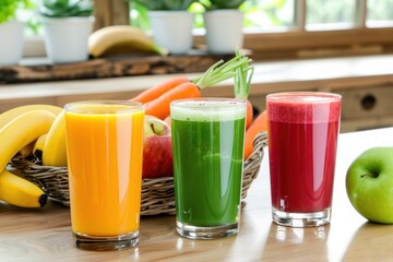 Fototapeta premium Healthy fresh juice with whole fruits and vegetables. Natural detox with antioxidant rich juice blends .