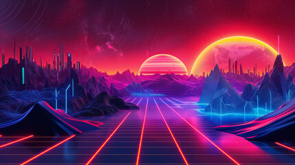 an abstract digital art scene with neon lights and mountains. AI generated.