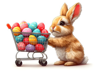 Cartoon bunny with a shopping cart filled with colorful Easter eggs isolated on a white background. Digital art illustration for Easter holiday and spring celebration themes