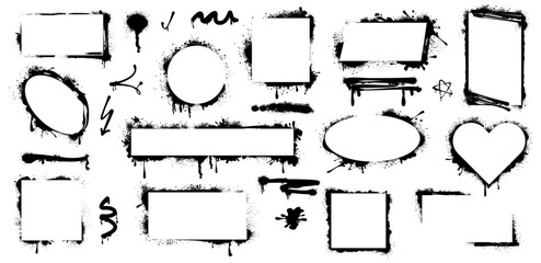 Spray paint frames. Black graffiti stencil borders with inky drips, blots and splatter. Grunge airbrush texture, dirty forms oval, round, heart, square, rectangular shapes isolated on white background © redgreystock