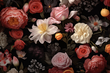 Fototapeta premium Background in dark tones with different kinds of flowers. Decorative floral backdrop.