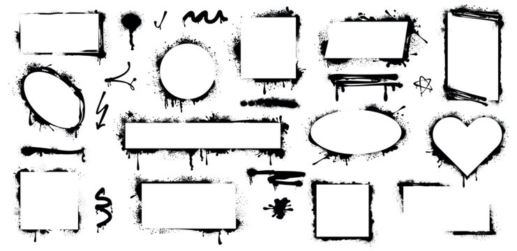 Spray paint frames. Black graffiti stencil borders with inky drips, blots and splatter. Grunge airbrush texture, dirty forms oval, round, heart, square, rectangular shapes isolated on white background