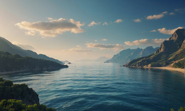 Mesmerizing picture of the morning sea on a beautiful mountain background. AI generated illustration