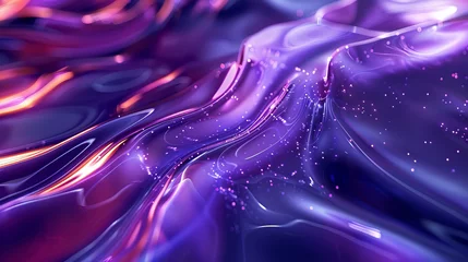 Afwasbaar Fotobehang Donkerblauw Surreal violet waves with sparkling particles, creating an abstract cosmic landscape. 