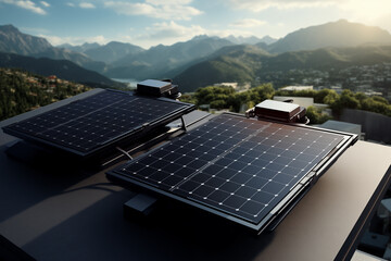 Solar batteries on the roof of modern building. - obrazy, fototapety, plakaty