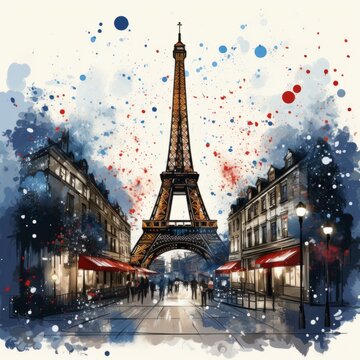A bright picture with the sights of Paris. splashes of color. An emotional picture. Vertical Frame. on a white background