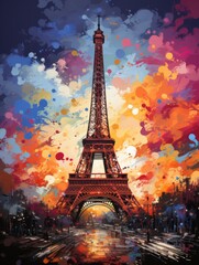 A bright picture with the sights of Paris. splashes of color. An emotional picture. Vertical Frame. holiday. bright colors . firework - obrazy, fototapety, plakaty