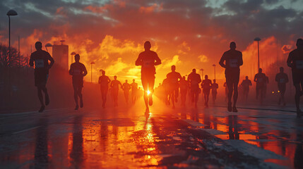 The quiet determination of marathon runners at dawn, documentary capture - - obrazy, fototapety, plakaty