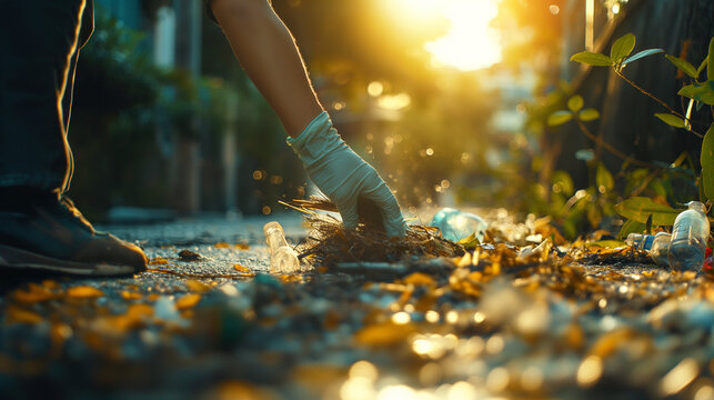 Close-up of a man's hand collecting garbage in nature. The concept of a volunteer working to clean up debris from the environment.