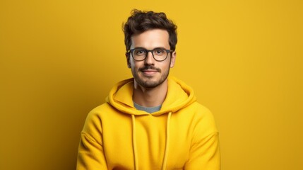 Fototapeta premium Portrait of a confident handsome Man with Stubble, Wearing glasses and a fashionable Hoodie, looking at the camera on a yellow background from a copy space. A cool Creative Designer.
