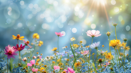 Vibrant Wildflower Meadow Bathed in Sunlight With Bokeh Effect.