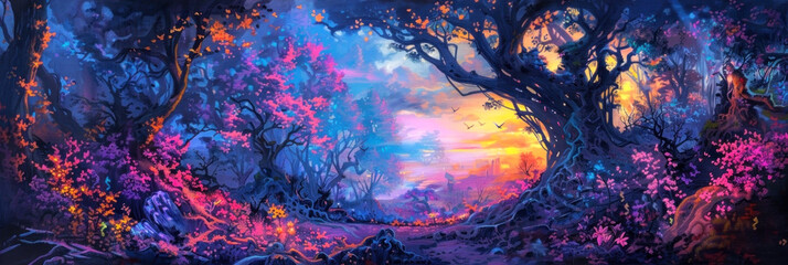 Dive into a mystical twilight forest with vibrant hues and enchanting flora