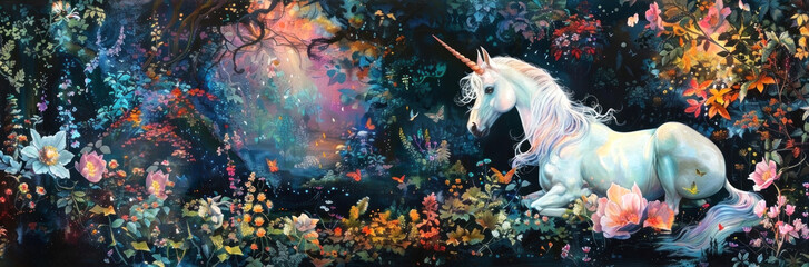 magical realm with this enchanting unicorn painting set in a blossoming mystical forest - obrazy, fototapety, plakaty