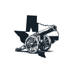 The Texas map and a cannon. Black white vector illustration.