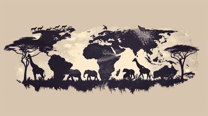 Fototapeta na wymiar Africa travel map, decorative symbol of Africa continent with wild animals silhouettes