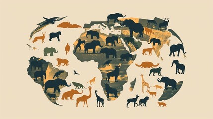 Africa travel map, decorative symbol of Africa continent with wild animals silhouettes