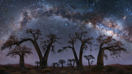 Fototapeta na wymiar Camelthorn trees, also known as camelthorn tree (Acacia erioloba) at night with Milky Way and starry sky, Namib Naukluft National Park, Deadvlei, Dead Vlei, Sossusvlei, Namibia, Africa