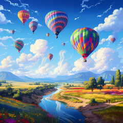 Colorful hot air balloons floating over a countryside