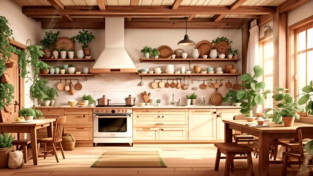 Cozy Farmhouse Kitchen: Rustic Charm and Natural Beauty. Seamless looping 4k time-lapse video animation background