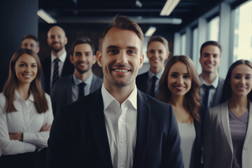 Obraz premium Confident Business Professionals Smiling Directly at Camera in Workplace Environment