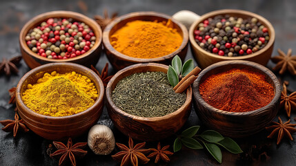 Variety of spices and herbs on a cooking table colorful view - Powered by Adobe