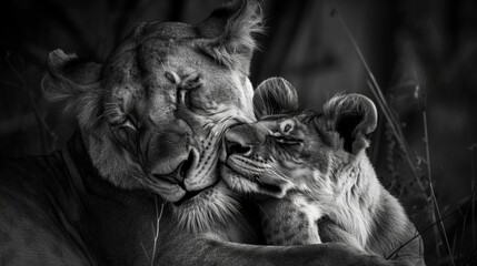 Predator´s love. Lioness and cub in the Kruger NP, South Africa - obrazy, fototapety, plakaty