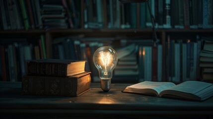 Small light bulb glowing on the desk, with notebook and many books on background, reading and writing idea concept