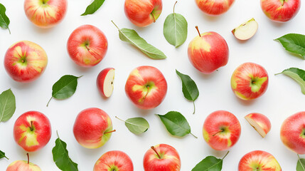 Red Apples and Green Leaves on White Background