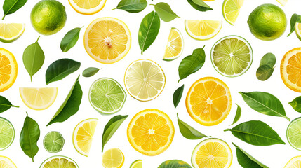 Fresh Citrus Slices and Leaves on White Background