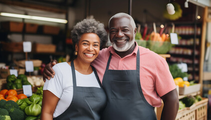 African American partners working at a farmers market: A middle-aged couple selling ecological fruits and vegetables from a food stand.