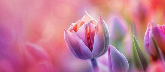 A close up of a beautiful tulip bud and wildflower blossom with a blurry background. The intricate details of the flower are highlighted, while the background is softly blurred, creating a sense of