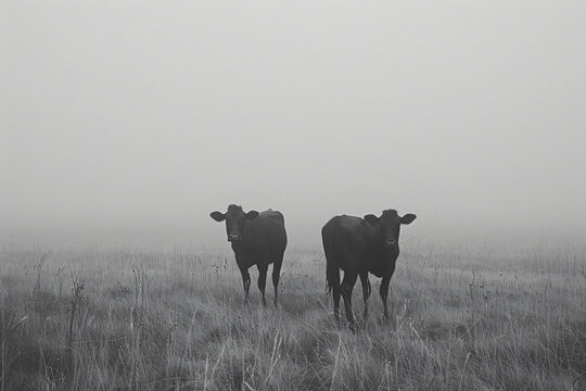 Two cows standing in foggy field. Black and white rural landscape photography. Agriculture and countryside concept. Design for wall art, educational material