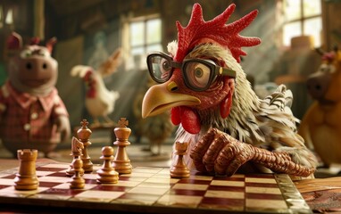 A chess-champion chicken thoughtfully moving pieces on a board, wearing tiny glasses, surrounded by an audience of farm animals