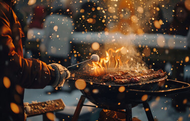 A chilly barbecue scene people grilling in winter coats with snow gently falling around a glowing warm grill - obrazy, fototapety, plakaty