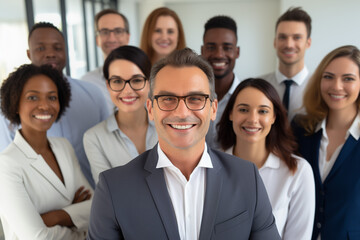 Fototapeta premium Confident Business Professionals Smiling Directly at Camera in Workplace Environment