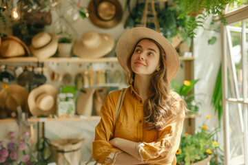 Stylish Woman with Hat Admiring Garden Center