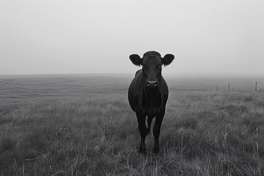 Solitary cow on vast grassland. Black and white minimalist photography. Agriculture and solitude concept. Design for canvas print, agricultural report