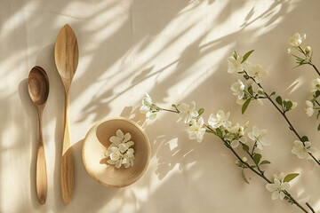 Wooden cutlery and bowl with jasmine flowers on a cream fabric. Natural light photography with...