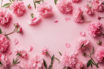 Women's Day, Mother's day top view, light pink solid background; frame from pink pions flowers, studio light