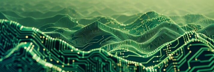 A digital landscape featuring circuit board mountains