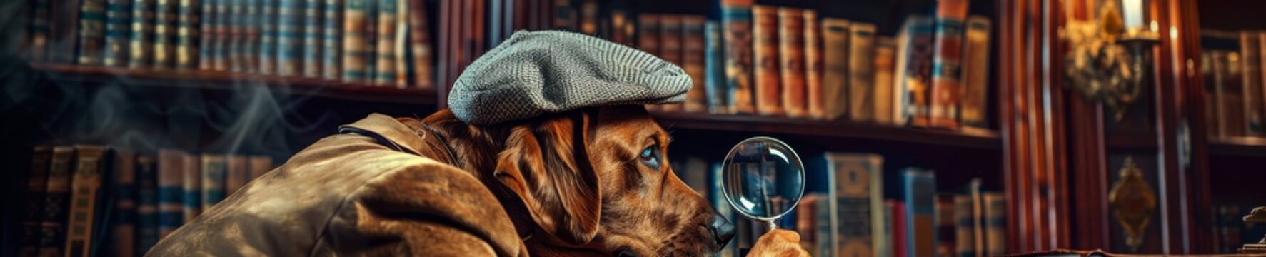 A detective dog with a magnifying glass sniffing clues in an old fashioned office wearing a Sherlock Holmes hat