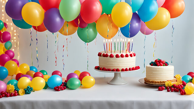 Realistic high-quality image of a beautiful garland of bright multicolored balloons, next to which there is a large cake on the table. Birthday decoration
