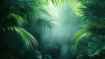 Fototapeta na wymiar Lush Green Tropical Forest Foliage with Sunlight Filtering Through.