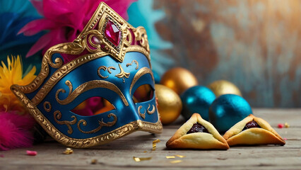 Happy Purim, Jewish holiday carnival fair background with carnival masks and traditional Hamantaschen cookies. - obrazy, fototapety, plakaty