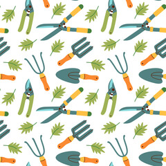 Seamless pattern of gardening items in hand drawn style. Agricultural and garden tools for spring work.