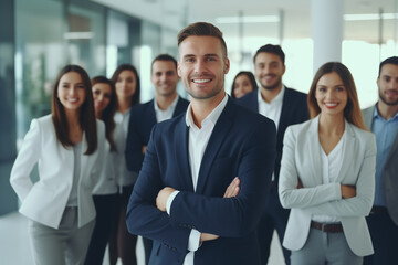 Fototapeta premium Confident Business Professionals Smiling Directly at Camera in Workplace Environment