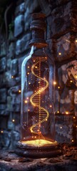 Obraz premium A healing potion with DNA helix design on the bottle, crafted by elves, glowing softly on a shelf in a medieval castle