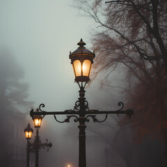 Old-fashioned street lamp against a foggy backdrop 